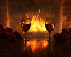 romantic setup by a fireplace with wine glasses and roses, placed on a warm, glowing background, rea