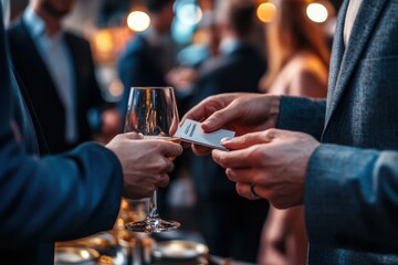 A professional networking event in a modern conference hall, with businesspeople exchanging business cards