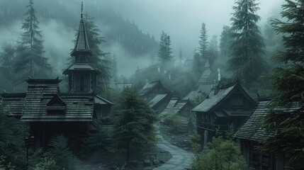 Poster - A village in a dense, foggy, gloomy evergreen forest. rainy. verdant arboreal background.