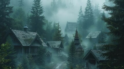 Poster - A village in a dense, foggy, gloomy evergreen forest. rainy. verdant arboreal background.