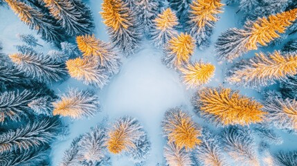 Sticker - Aerial view of snow-covered trees with golden foliage in a serene winter landscape.