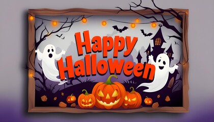 Happy Halloween sign with ghosts and jack-o-lanterns, spooky festive decoration