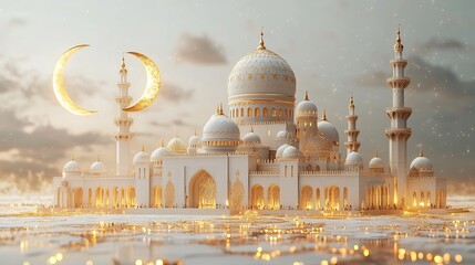 Poster - Ramadan Kareem background featuring 3D golden mosque crescent moon illuminated geometric patterns with space for text on a modern white backdrop