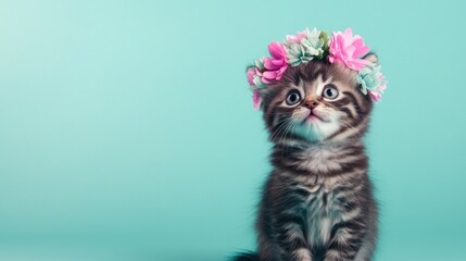 Canvas Print - A cute kitten wearing a flower crown against a turquoise background.