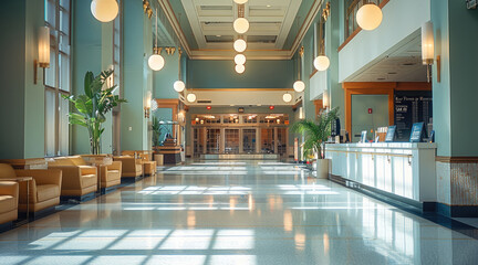 Poster - An empty professional theater lobby and box office with cafe seating.