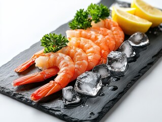 Gourmet Shrimp Platter with Lemon and Ice on Slate