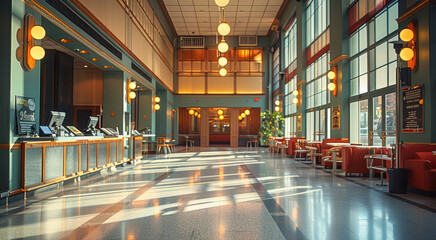 Poster - An empty professional theater lobby and box office with cafe seating.