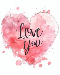 Wall Mural - i love you - calligraphy lettering on watercolor painted pink heart