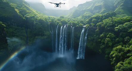 Poster - A drone flying over a majestic waterfall in a tropical paradise, with rainbows forming in the mist.
