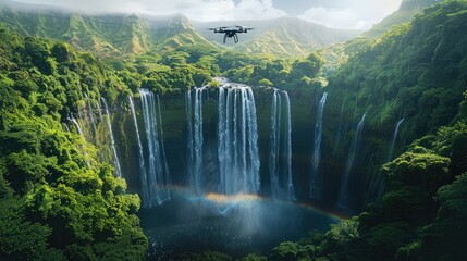 Poster - A drone flying over a majestic waterfall in a tropical paradise, with rainbows forming in the mist.