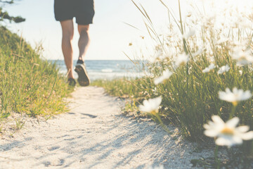 A person is walking on a beach with a path in the sand