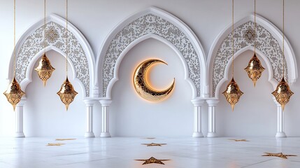 Poster - Ramadan Kareem background 3D Islamic geometric patterns crescent moon and hanging star lanterns offering ample space for personalized text on a white backdrop