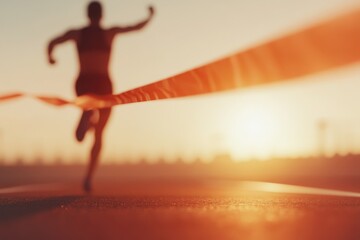 Athlete in full sprint crossing finish line, showcasing determination and speed, vibrant energy radiating from the moment of victory.