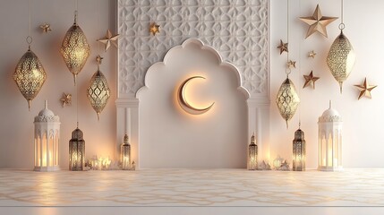 Poster - Ramadan Kareem background 3D Islamic geometric patterns crescent moon and hanging star lanterns offering ample space for personalized text on a white backdrop