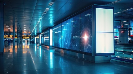 Aufkleber - Night time environment at airport large display with ad for technology company.