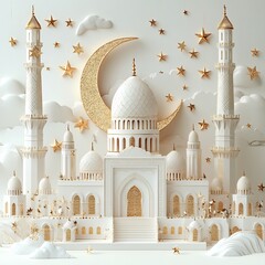Fototapete - Ramadan Kareem background a 3D crescent moon and mosque shimmering stars and open space for text all set against a simple elegant white backdrop