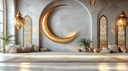 Poster - Ramadan Kareem card featuring 3D crescent moon Arabic lanterns Islamic window patterns set against a clean soft gold and white background space for text on the right