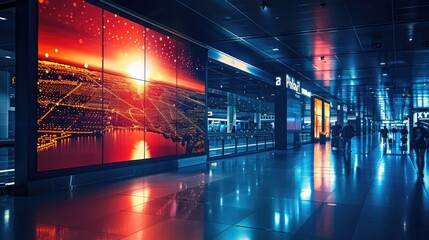 Aufkleber - Night time environment at airport large display with ad for technology company.
