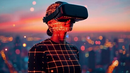Poster - At sunset, an individual experiences a virtual reality environment, wearing a headset. The vibrant city skyline glows in the background, highlighting technological advances.