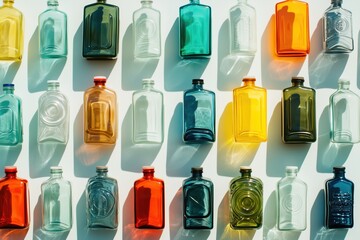 a wall of colorful glass bottles with different shapes and sizes