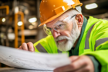 Wall Mural - Experienced construction worker reviewing blueprints with focus and determination. Wearing hard hat and safety glasses, he embodies professionalism in busy industrial environment