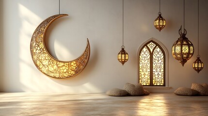 Poster - Ramadan Kareem card featuring 3D crescent moon Arabic lanterns Islamic window patterns set against a clean soft gold and white background space for text on the right