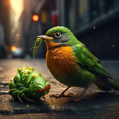 Green bird is eating a giant monster bug. The bug is green and has red eyes. The bird is on the ground of city street