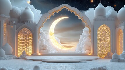Poster - Ramadan Kareem card featuring 3D glowing stars crescent moon intricate Islamic window patterns set against a soft white backdrop with text space