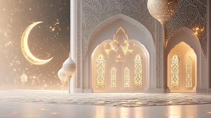 Poster - Ramadan Kareem card featuring 3D glowing stars crescent moon intricate Islamic window patterns set against a soft white backdrop with text space