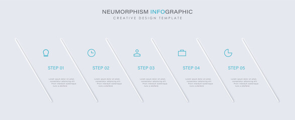 Poster - process description with 5 steps, options, parts or processes separated by a diagonal line. light ne