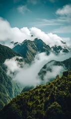 23. A serene mountain backdrop with soft clouds