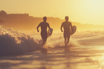 Two men are running in the ocean with surfboards