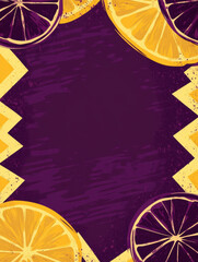 Sticker - A bold purple and yellow banner featuring citrus fruit slices and geometric zigzag borders for a vibrant design.