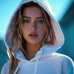 Canvas Print - A woman in white hoodie which looks cool.