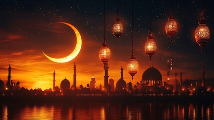 Poster - Ramadan Kareem card featuring 3D crescent moon hanging Arabic lanterns in front of a mosque silhouette with space for text on a simple clean background