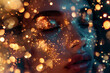 © EliteStock - A serene close-up of a young woman with glowing sparkles across her face, showcasing beauty and fantasy against a colorful bokeh background.