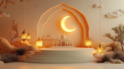 Poster - Ramadan Kareem card featuring 3D Kaaba crescent moon and lanterns glowing with warm light all against a minimalistic background with space for text on the right