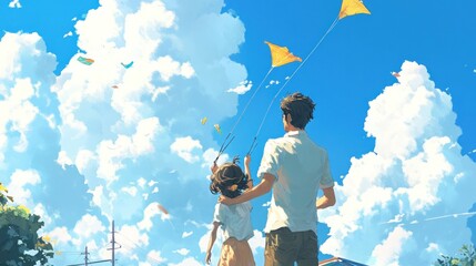 A child and adult fly kites under a bright blue sky filled with fluffy clouds.