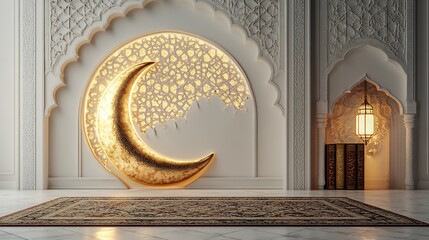 Poster - Ramadan Kareem card a 3D prayer mat Quran and glowing crescent moon set on a clean white background with geometric patterns and room for text