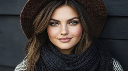  A close-up of a woman wearing a hat and scarf She has two scarves around her neck