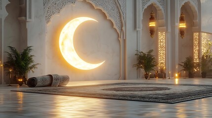 Fototapete - Ramadan Kareem card a 3D prayer mat Quran and glowing crescent moon set on a clean white background with geometric patterns and room for text