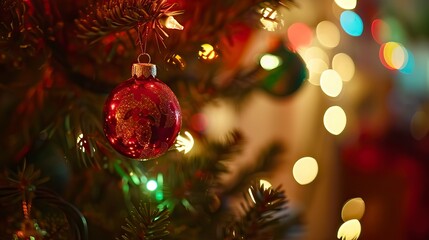 Wall Mural - Christmas Tree With Baubles And Blurred Shiny Lights, Christmas Background, New Year's eve