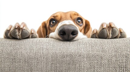 A curious dog peeks over a couch, showcasing its playful and affectionate nature.