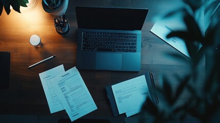 Poster - A Laptop, Papers, and a Pencil on a Wooden Desk