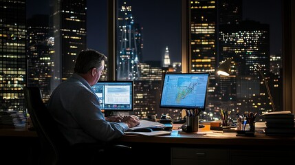 Poster - Man Working Late at Night in an Office with City View