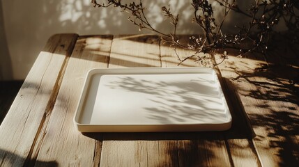 Poster - White Tray on a Wooden Table with Branch Shadow
