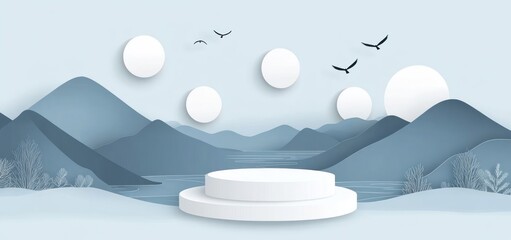 Wall Mural - A serene landscape featuring mountains, circular elements, and birds in a minimalist design.