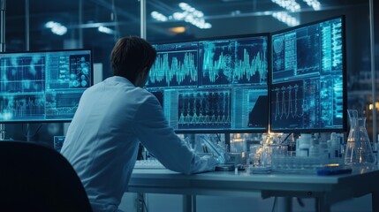 Poster - Scientist Working with Data and Chemicals in a Laboratory