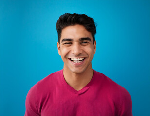 Wall Mural - Headshot Portrait of a Smiling Man with Contemporary Style, Isolated on Color Background with Ample Copy Space