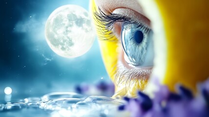  A tight shot of an eye gazing at a full moon, with a tranquil water foreground